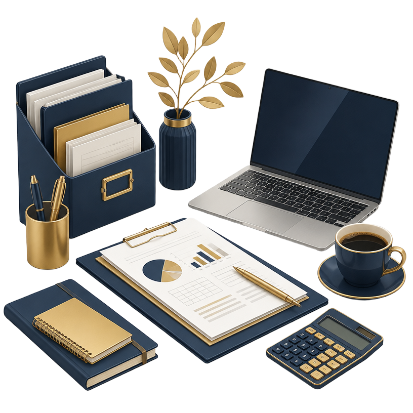 Ilustração de organização financeira com documentos, laptop e calculadora