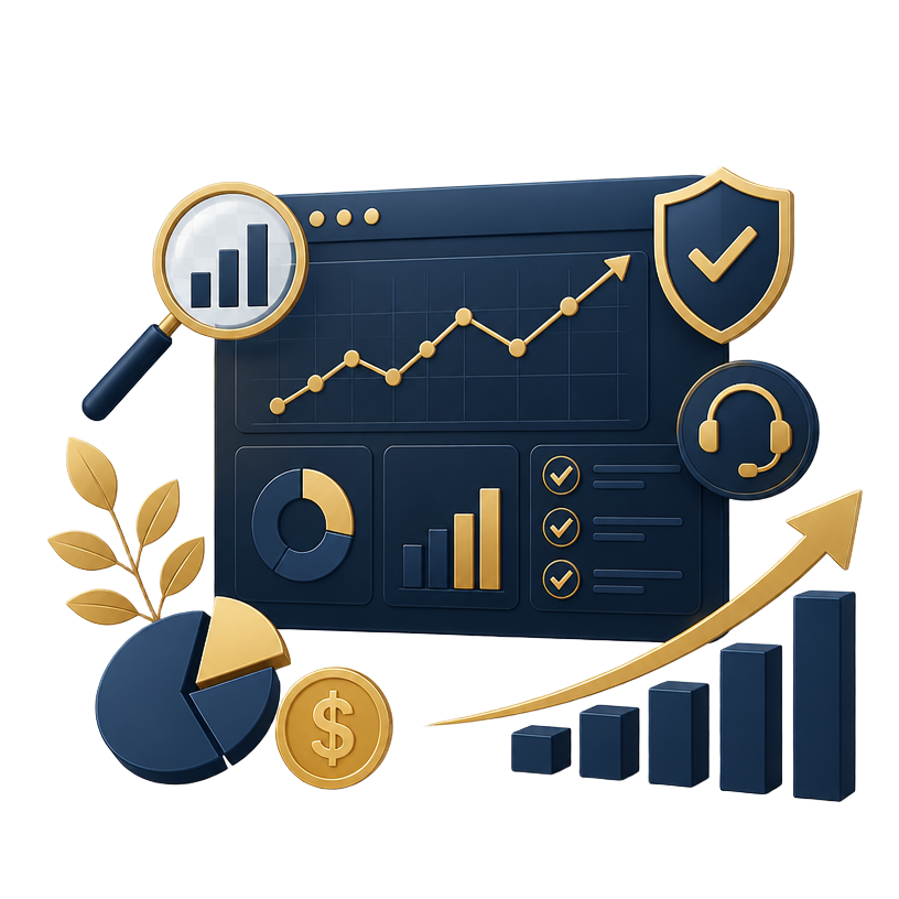 Ilustração de acompanhamento financeiro com dashboard e gráficos